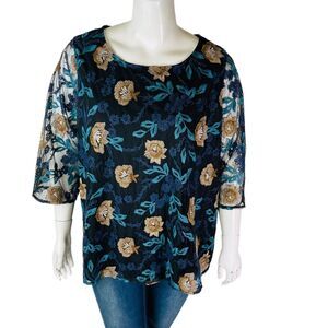Catherines Womans Sz 2XWP Petite Blouse Black Floral Sz Lace Plus 3/4 Sleeve
